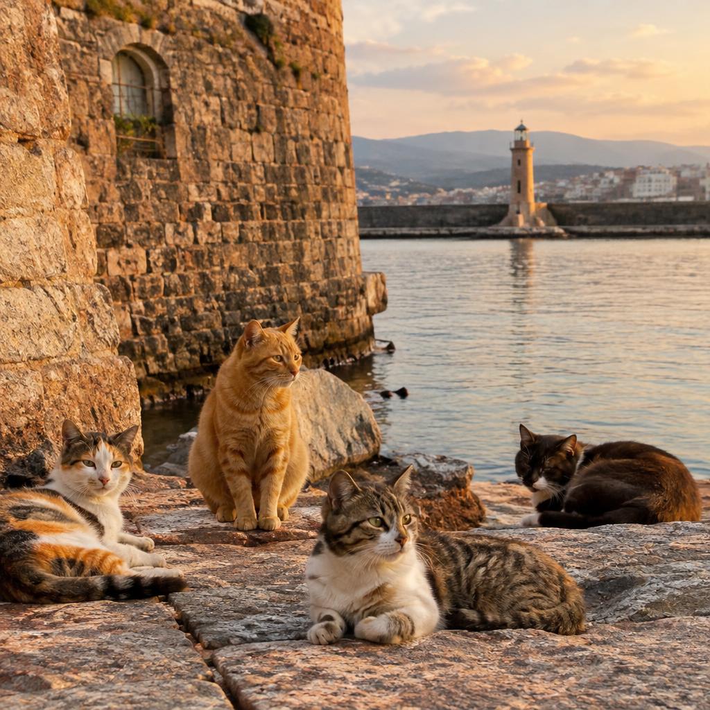 Cats by a harbour wall